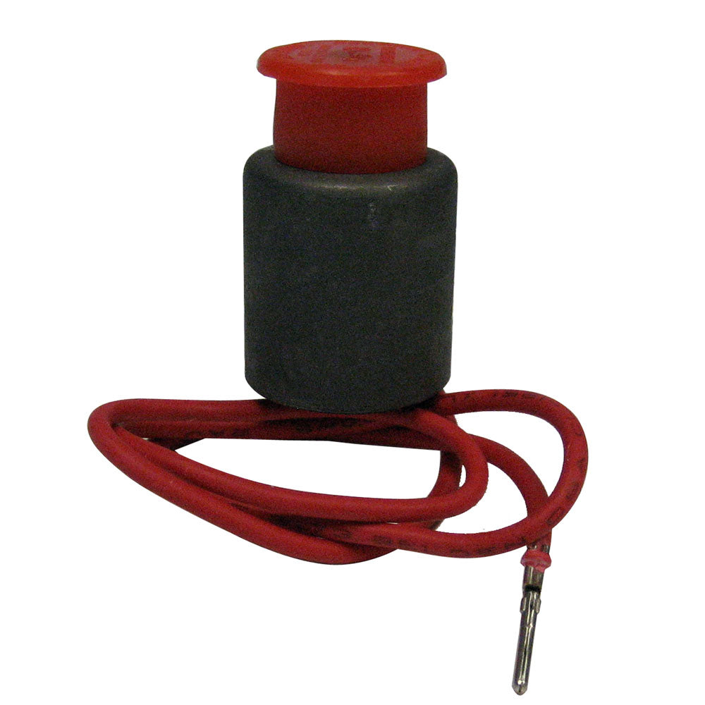 Red Bennett VP1135R Solenoid Valve for trim tab accessories, showing the compact electrical component with wiring connections.