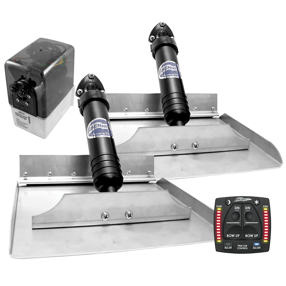 Bennett Marine 12x12 hydraulic trim tab system with one-box indication, showing trim tabs on a boat hull for improved stability and control.