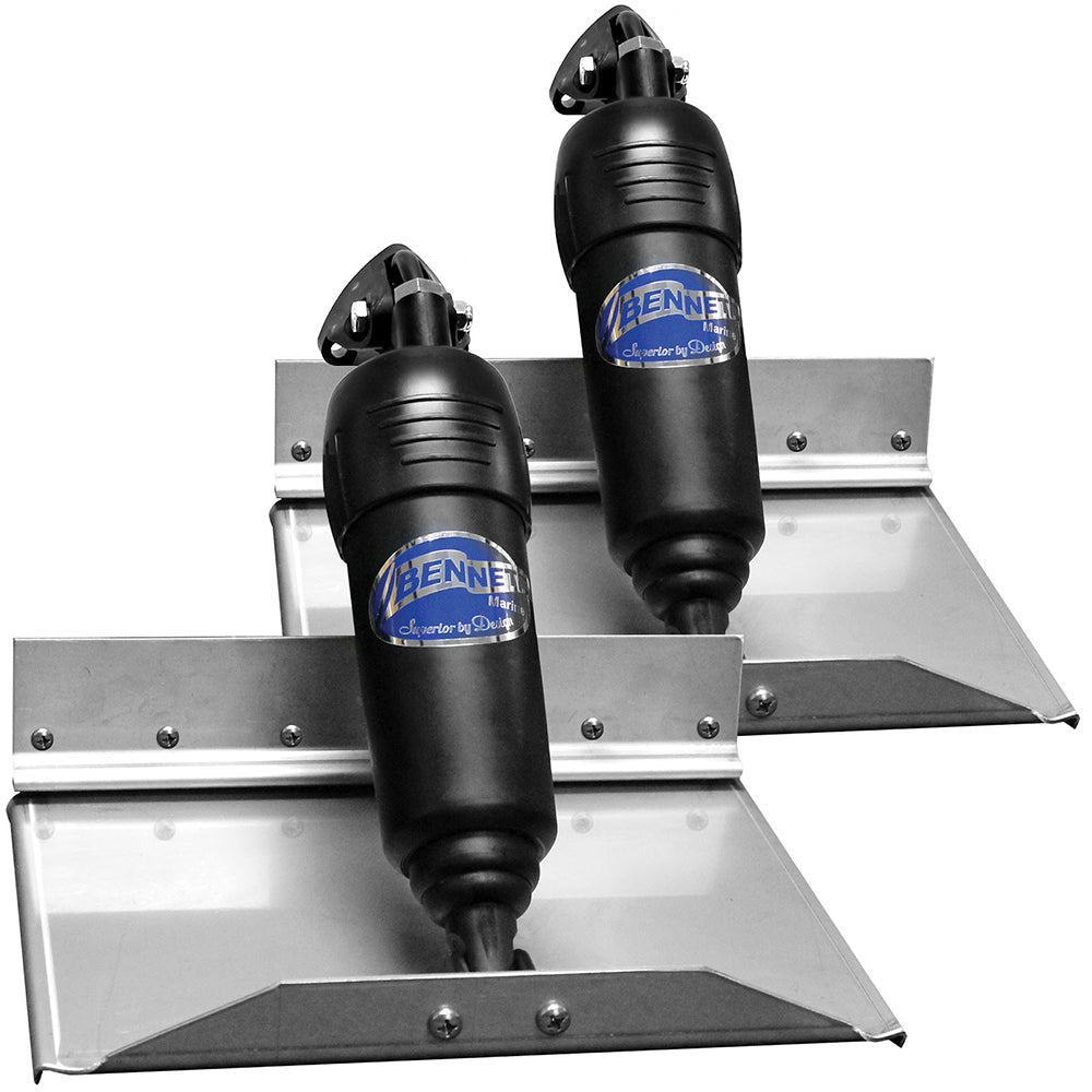 Bennett Marine 12x9 BOLT System trim tabs with adjustable upper hinge, installed on a boat for precise water control.