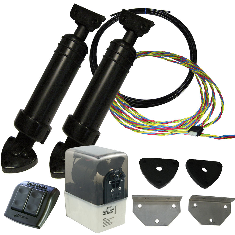 Bennett Marine trim tabs conversion kit for electric to hydraulic Bennett Lenco systems, shown installed on a boat hull.