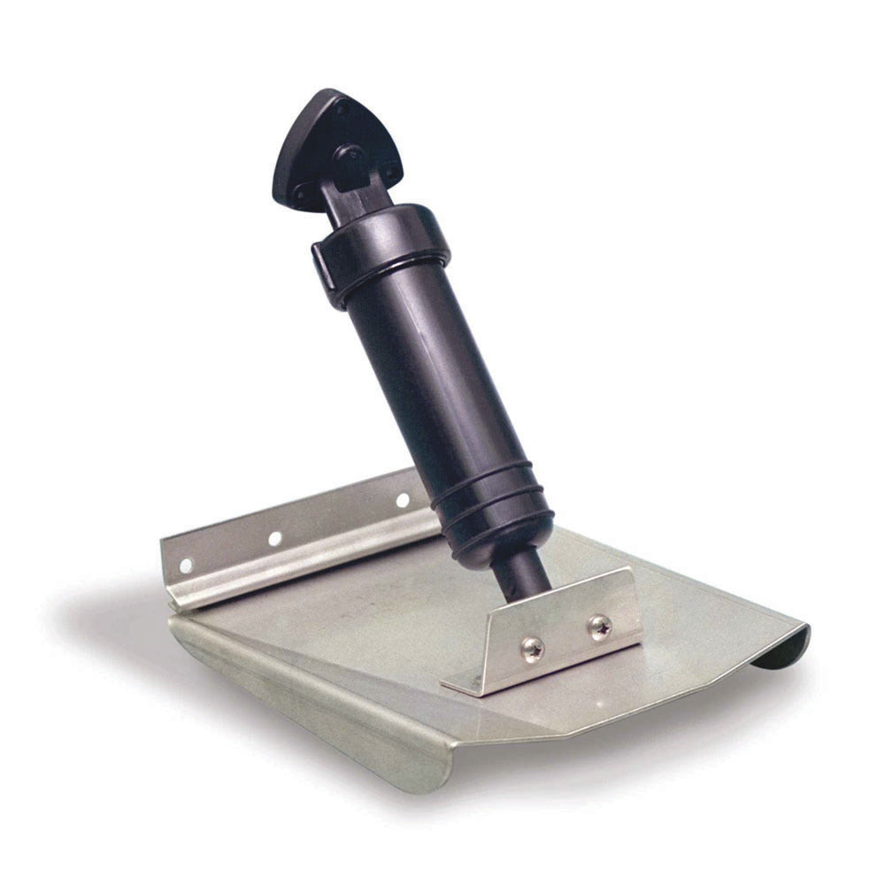 Bennett Marine M120 Sport Trim Tabs installed on a boat, showing the sleek stainless steel and hydraulic system for boat stabilization.