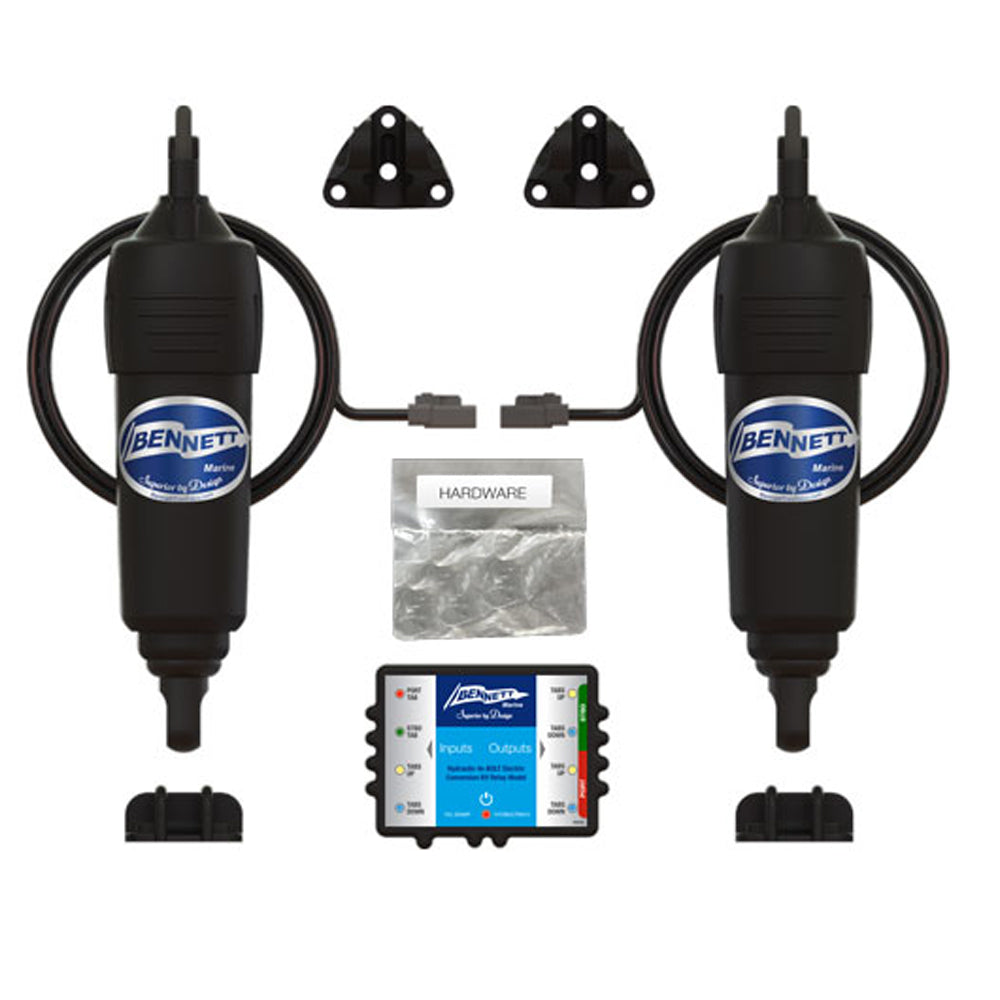 Bennett Marine hydraulic to BOLT electric conversion kit for trim tabs, showing components and installation parts.
