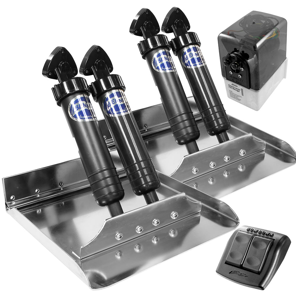 Bennett Marine 12x12 inch Sport Trim Tab System, adjustable boat trim tabs with hydraulic actuator and mounting hardware.