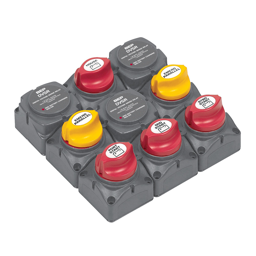 BEP Marine battery management distribution cluster for triple outboard engines with four battery banks, designed for efficient power distribution.