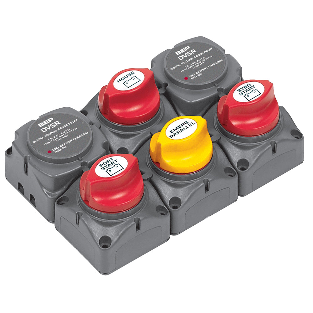 BEP Marine battery distribution cluster for twin outboard engines with three battery banks, showing wiring and battery connections.