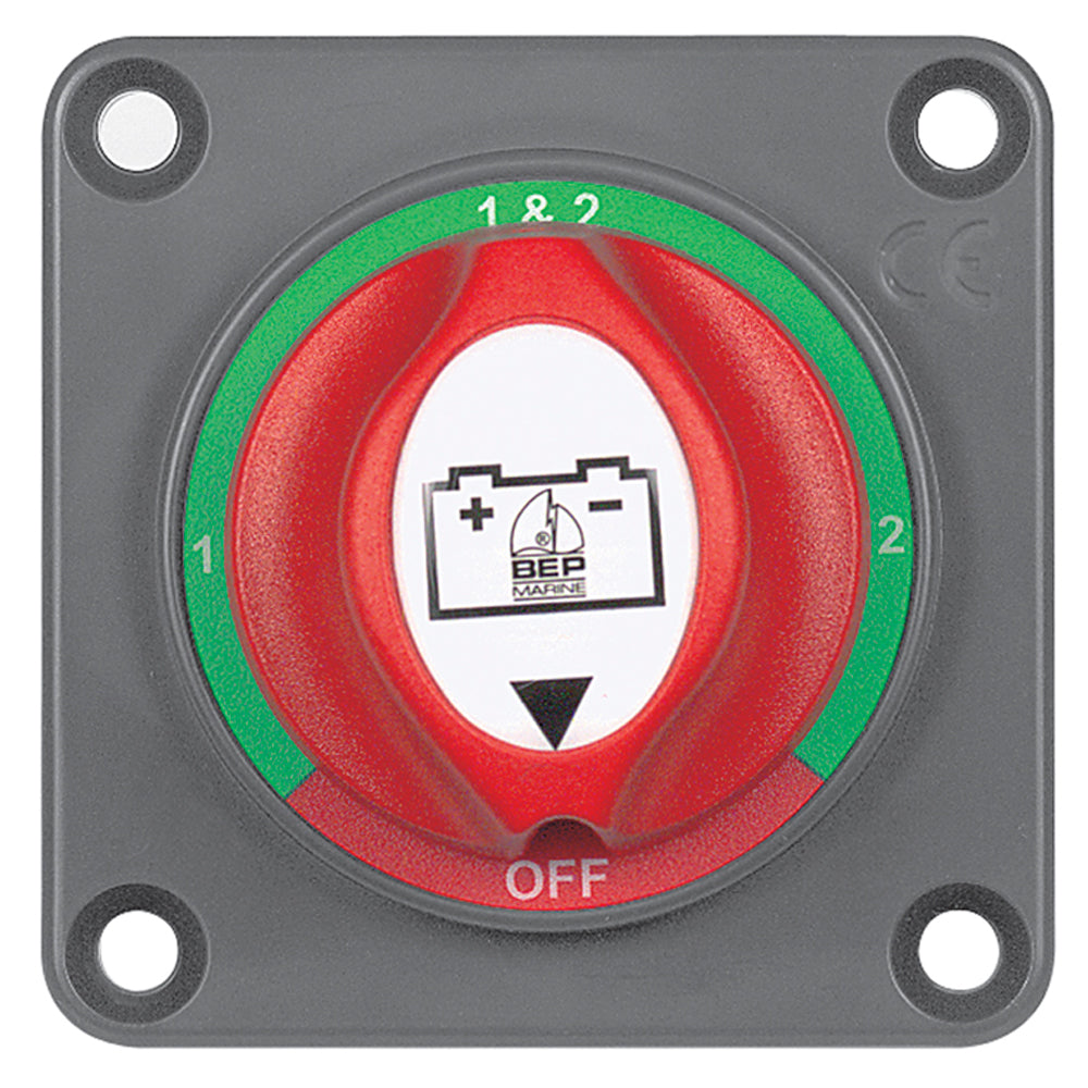 BEP Marine panel-mounted battery mini selector switch for battery management, with black handle and mounting panel.