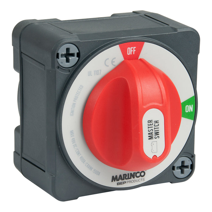 BEP Marine Pro Installer 400A EZ-Mount Double Pole Battery Switch for marine battery management, with black and red switch handles.