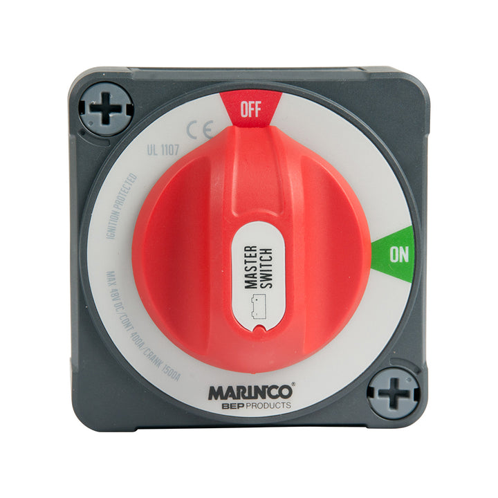 BEP Marine BEP Pro Installer 400A EZ-Mount On/Off Battery Switch for marine battery management, mounted on a boat battery system.