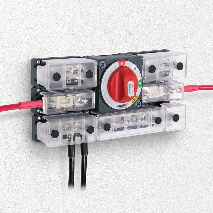 BEP Marine Pro Installer 400A EZ-Mount On/Off Battery Switch for battery management, mounted on a marine battery system.