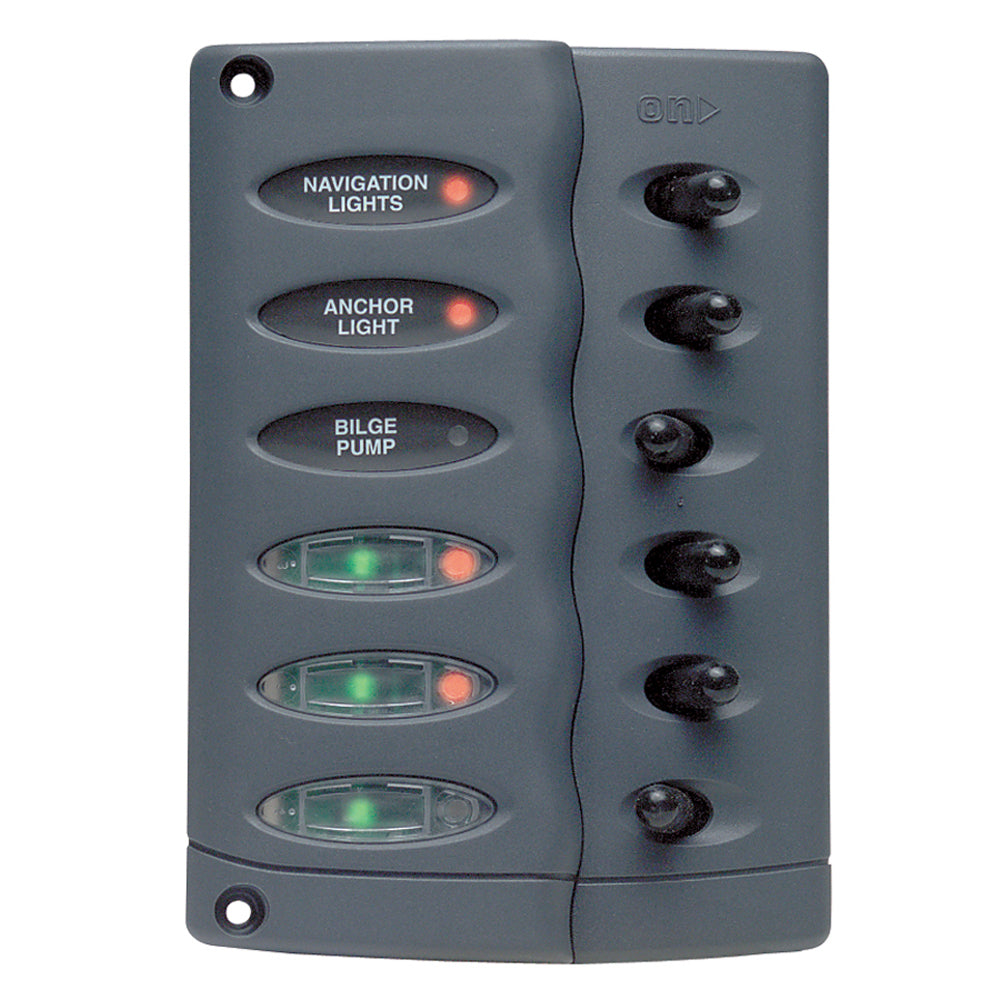 BEP Marine waterproof 6-way electrical switch panel for marine use with durable, weather-resistant design.
