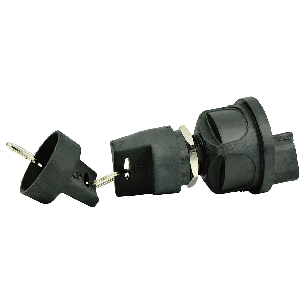 BEP Marine 3-position sealed nylon ignition switch showing OFF, Ignition, and Start positions for boat ignition system.