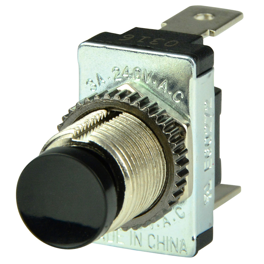 BEP Marine black SPST momentary contact switch showing OFF and ON positions for marine electrical control.