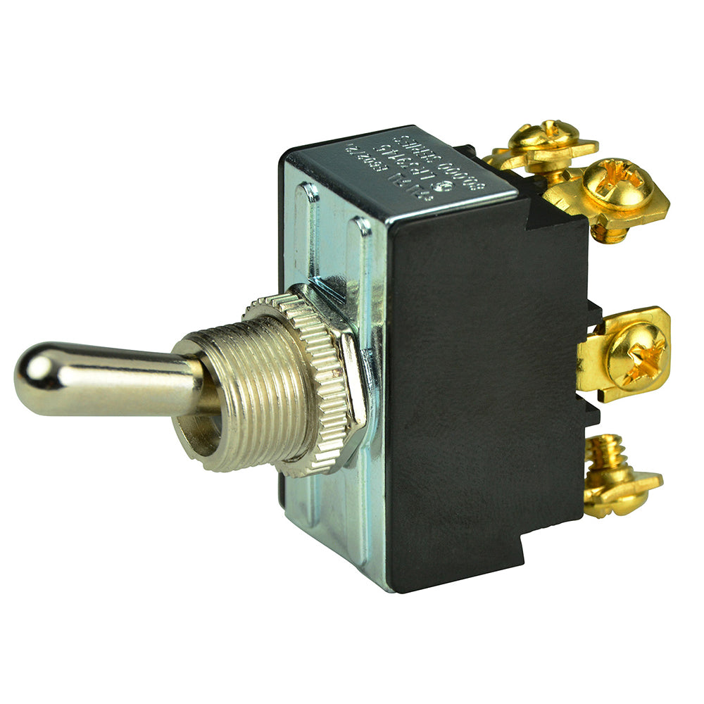Chrome plated BEP Marine DPDT toggle switch with ON/OFF/ON positions, suitable for marine electrical applications.