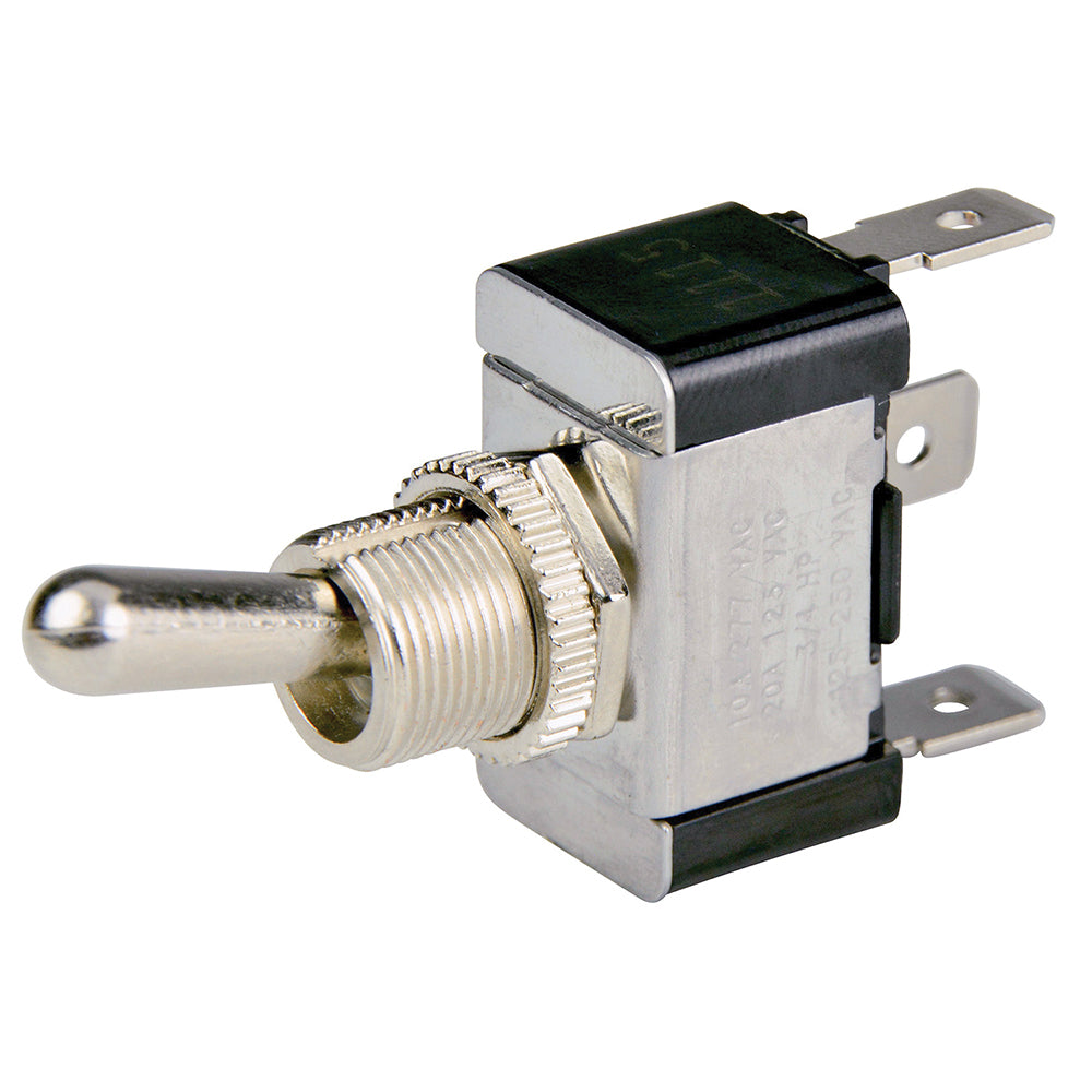 BEP Marine chrome-plated SPDT toggle switch showing ON/OFF/ON positions, used for boat electrical systems.