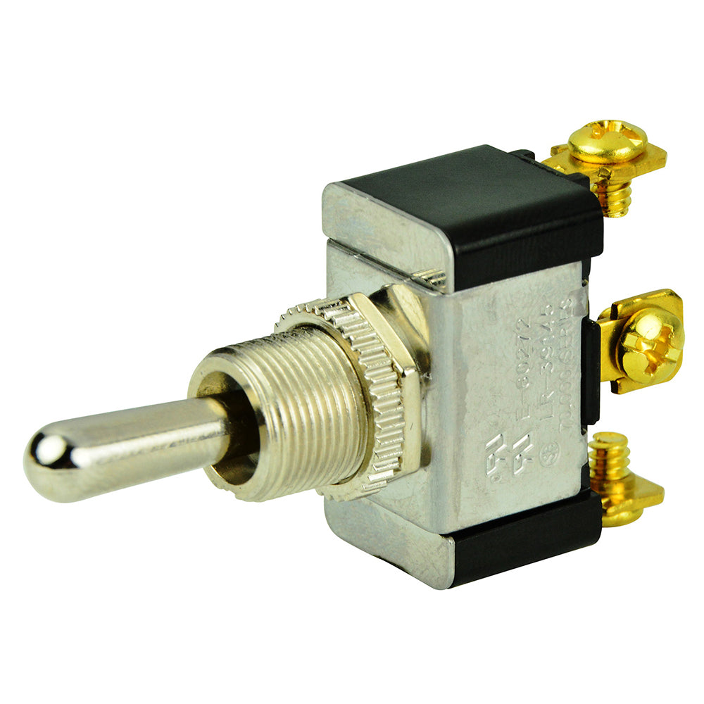 Chrome plated BEP Marine SPDT toggle switch showing ON, OFF, and ON positions on a marine electrical panel.