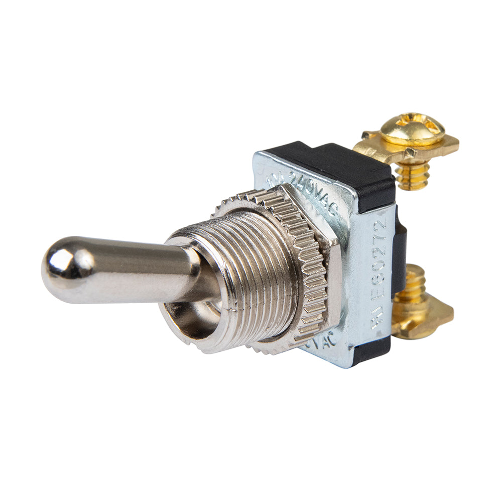 Chrome plated BEP Marine SPST toggle switch with 11/16 inch handle showing OFF and ON positions.