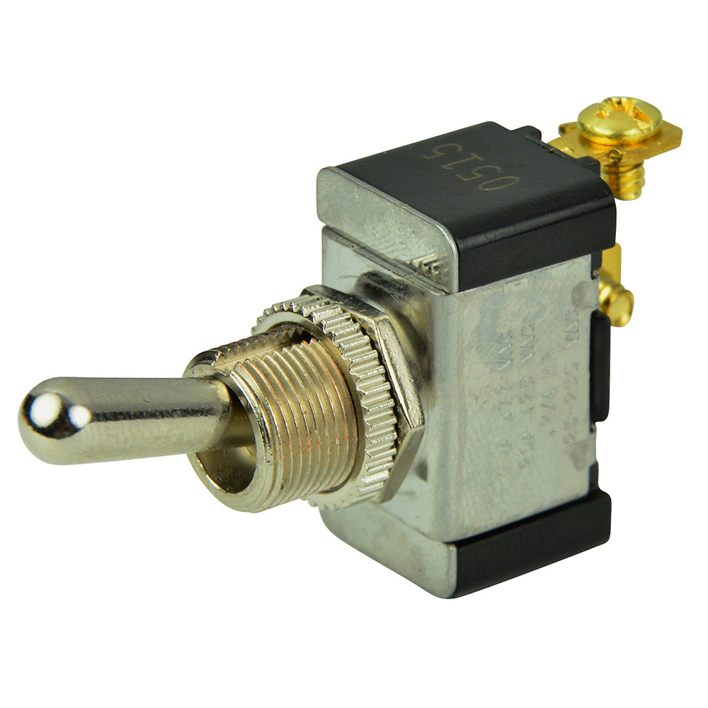 Chrome plated BEP Marine SPST toggle switch showing OFF and ON positions, used for marine electrical systems.