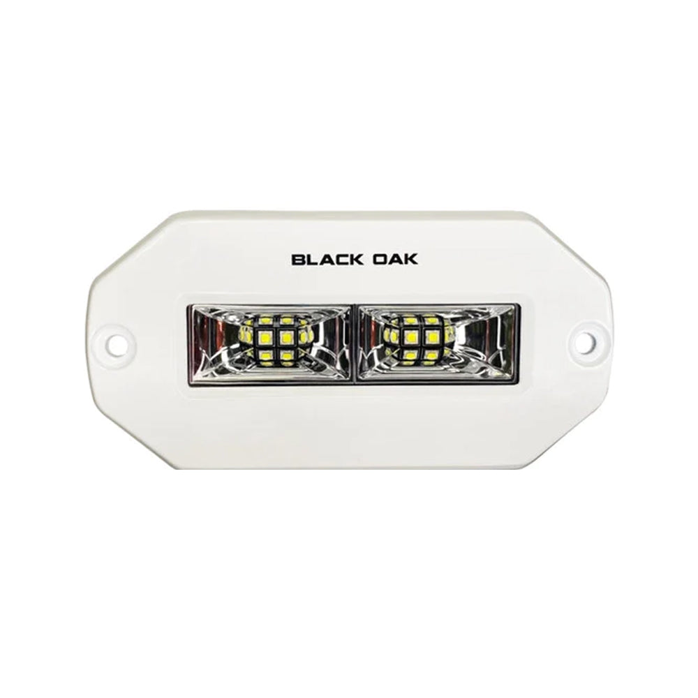 Black Oak LED 4-inch marine flush mount spreader light with white housing, part of Pro Series 3.0, designed for floodlighting.