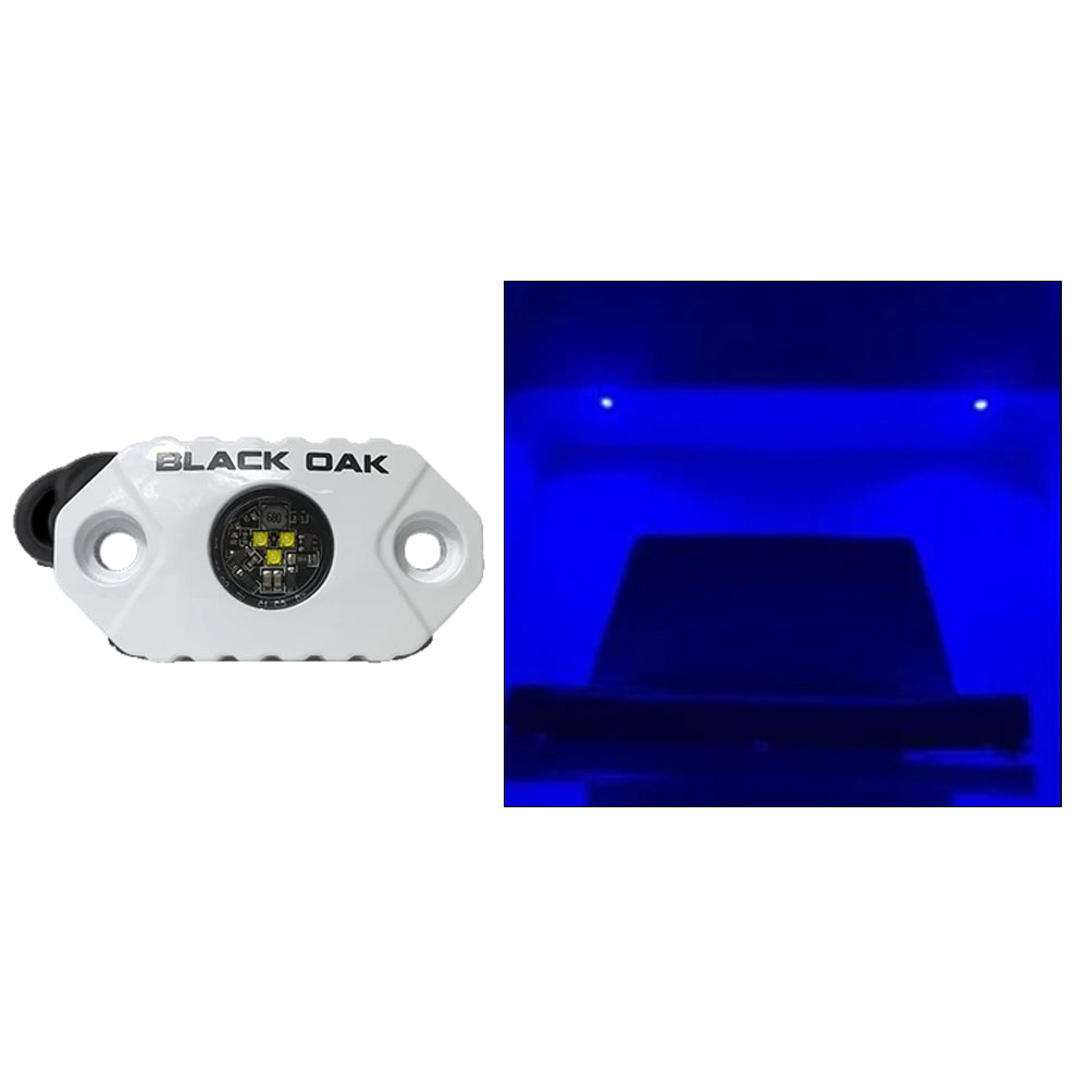 Black Oak LED interior courtesy light with blue LEDs and white housing, used as a stylish accent or courtesy light inside vehicles.