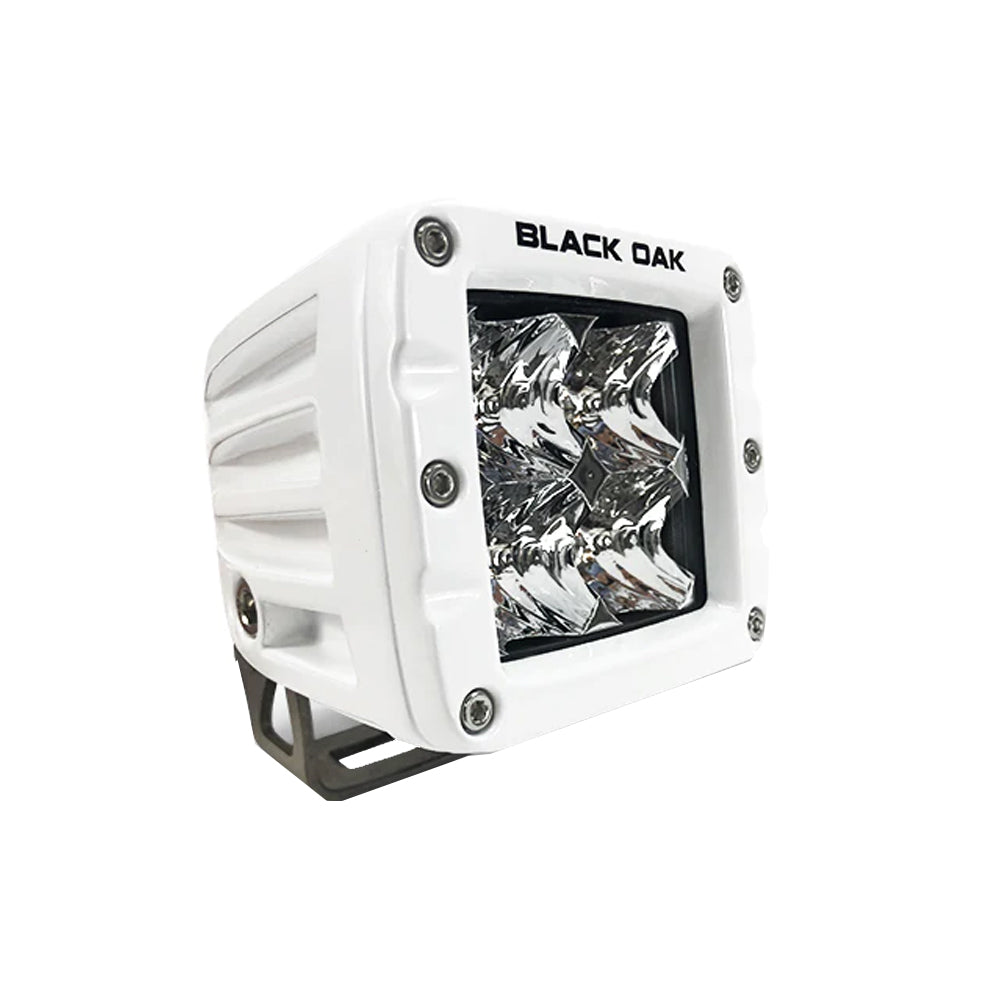 Black Oak LED 2-inch marine pod light with spot optics, white housing, part of Pro Series 3.0, designed for boats and marine use.