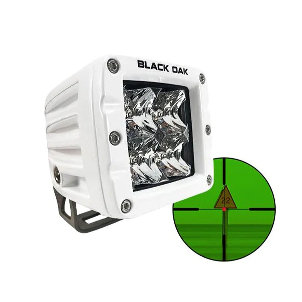 Black Oak LED Pro Series 3.0 2-inch infrared marine pod light with flood optics and white housing, designed for boat lighting.