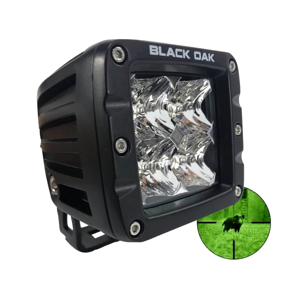 Black Oak LED Pro Series 3.0 2-inch infrared pod light with flood optics and black housing, designed for versatile outdoor lighting.