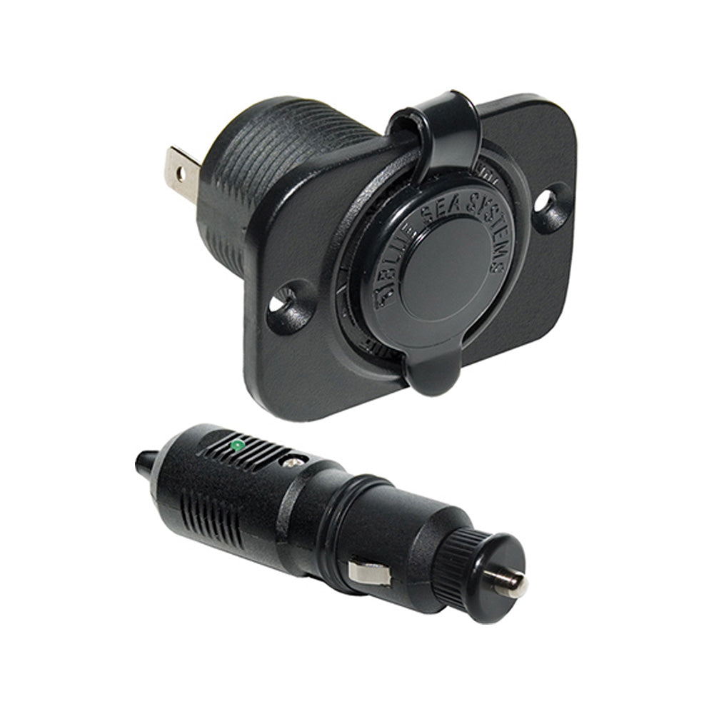 Blue Sea Systems 12V DC plug and dash socket accessory, shown in blue, for vehicle or boat electrical connections.