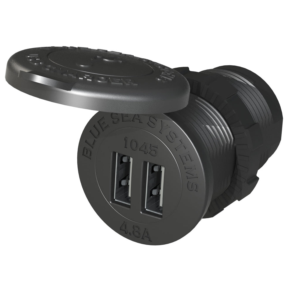 Blue Sea Systems Blue Sea 1045 dual USB charger with 1-1/8" socket mount, designed for 12V and 24V vehicle power accessories.