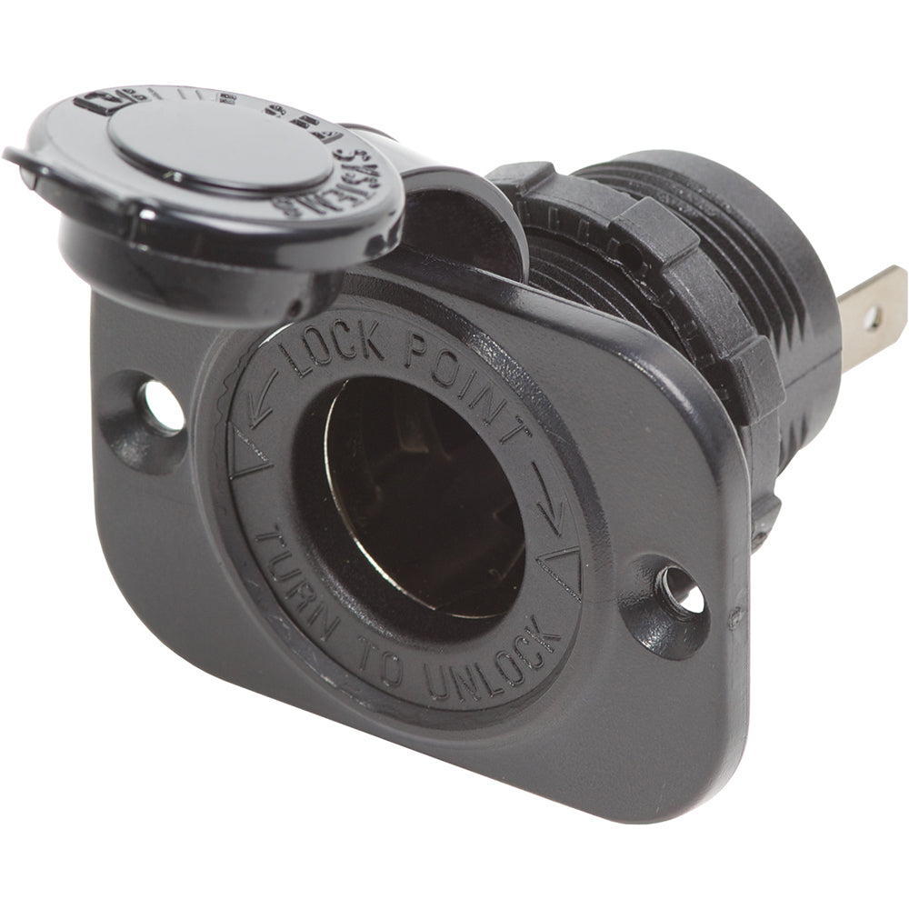 Blue Sea Systems 12 Volt dash socket in black, automotive accessory for power connection on vehicle dashboard.