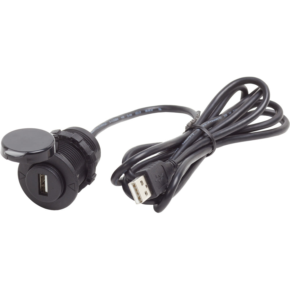 Blue Sea Systems 12V DC USB extension accessory showing a compact blue and black device with USB ports for vehicle or marine use.