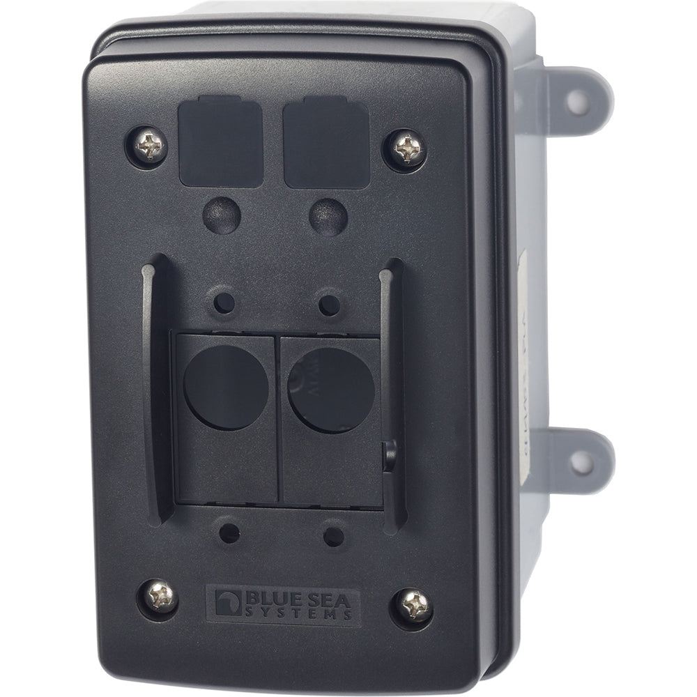 Blue Sea Systems surface mount circuit breaker enclosure in blue, designed for electrical accessories and safety installations.