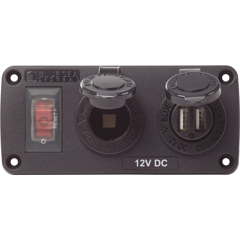 Blue Sea Systems Blue Sea 4363 water-resistant USB accessory panel with 12V socket, 15A circuit breaker, and dual 2.1A USB chargers.