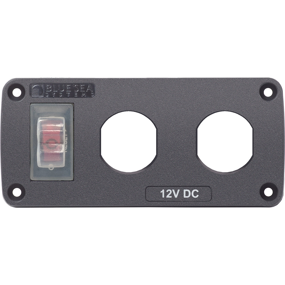 Blue Sea Systems Water Resistant USB Accessory Panel with 15A circuit breaker and two blank apertures for marine electrical setups.