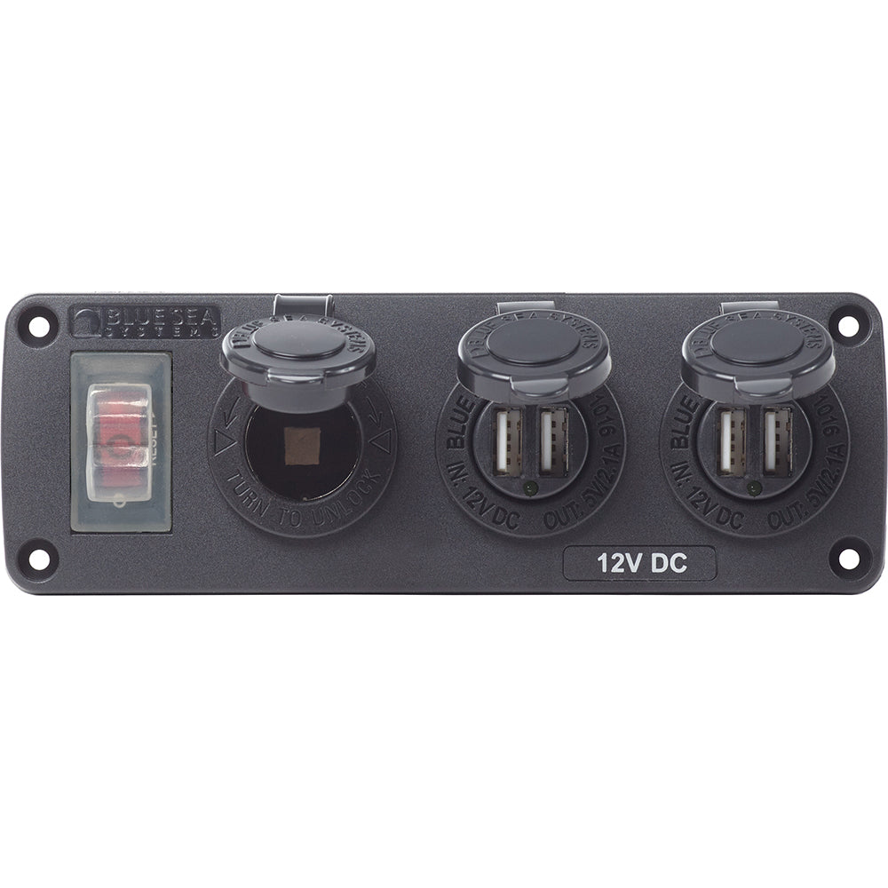 Blue Sea Systems Water Resistant USB Accessory Panel with 12V socket, dual 2.1A USB chargers, and 15A circuit breaker.