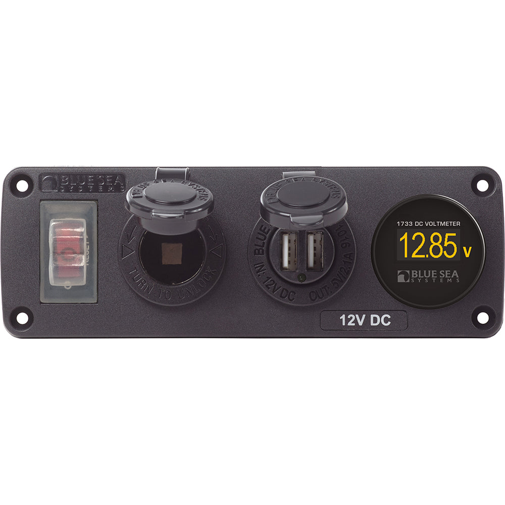 Blue Sea Systems Blue Sea 4366 water-resistant USB accessory panel with circuit breaker, 12V socket, dual USB charger, and mini voltmeter.