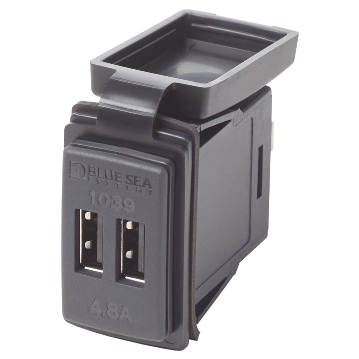 Blue Sea Systems dual USB charger for 24V Contura mount, shown in blue with two USB ports for vehicle or marine accessories.