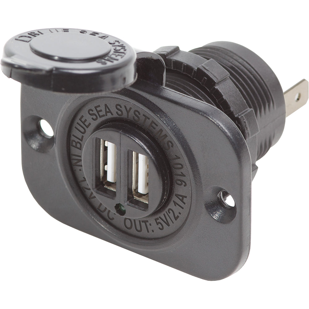 Blue Sea Systems dual USB charger socket with two USB ports and watertight cap, designed for marine or outdoor accessories.