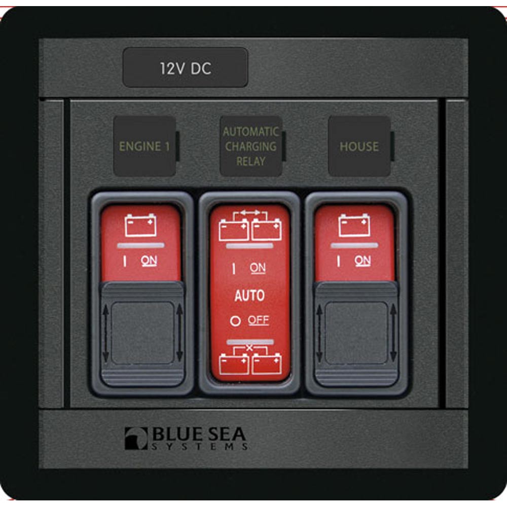 Blue Sea Systems Blue Sea 1147 Remote Control Panel with two 2145 switches and one 2146 Contura switch for battery management.