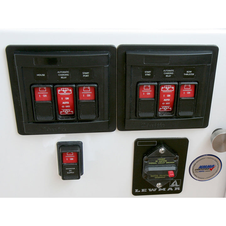 Blue Sea Systems Blue Sea 1147 remote control panel with two 2145 switches and one 2146 Contura switch for battery management.