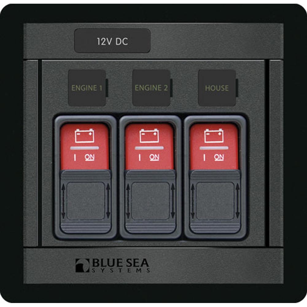 Blue Sea Systems Blue Sea 1148 Remote Control Panel with three 2145 Contura switches for battery management.