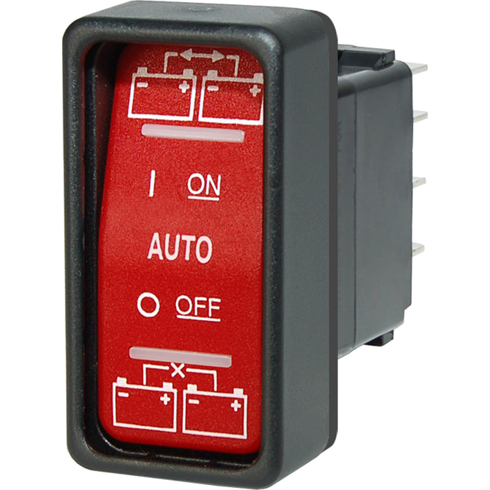 Blue Sea Systems ML-Series remote control Contura switch for battery management with ON-OFF-ON positions, mounted on panel.