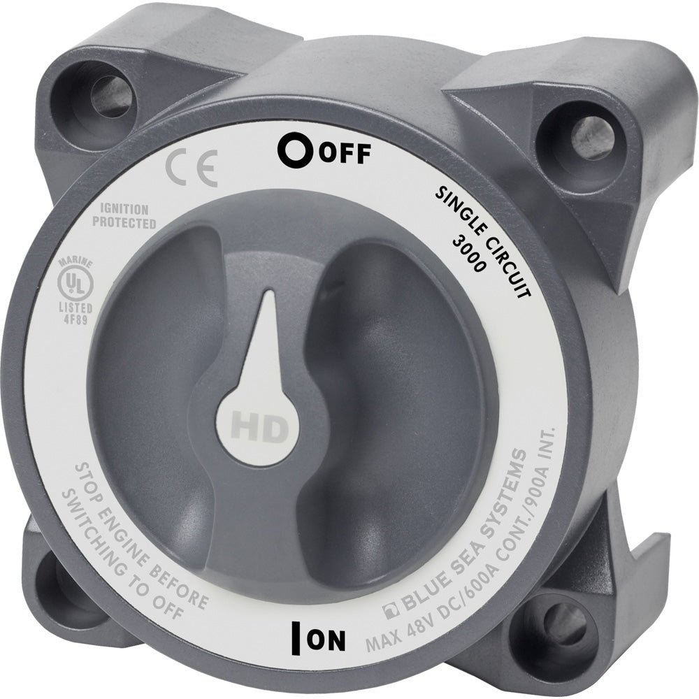 Blue Sea Systems HD-Series Battery Switch for single circuit on/off control, used in battery management systems.