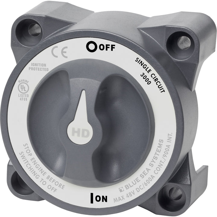 Blue Sea Systems HD-Series Battery Switch for single circuit on/off control, used in battery management systems.