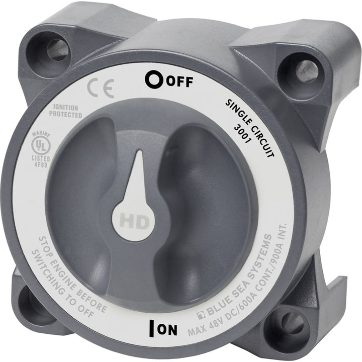 Blue Sea 3001 HD-Series battery switch for single circuit ON/OFF control with AFD, used in marine battery management systems.
