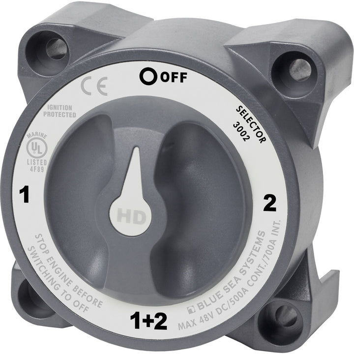 Blue Sea 3002 HD-Series Battery Switch Selector for battery management, featuring a black switch with labeled positions.
