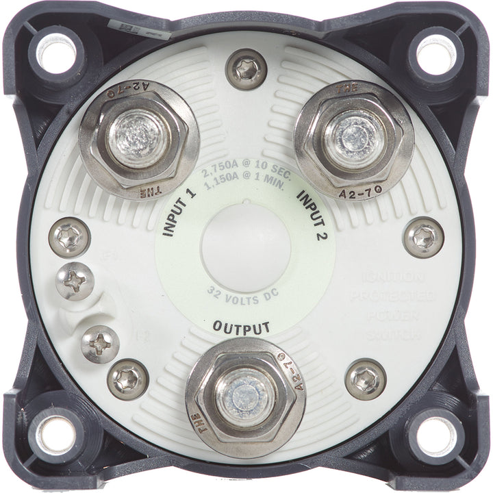 Blue Sea Systems HD-Series battery switch selector with alternator field disconnect, used for battery management in vehicles.