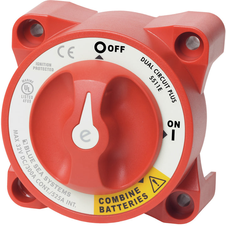 Blue Sea Systems 5511e e-Series dual circuit battery switch for managing and isolating batteries in marine or RV applications.