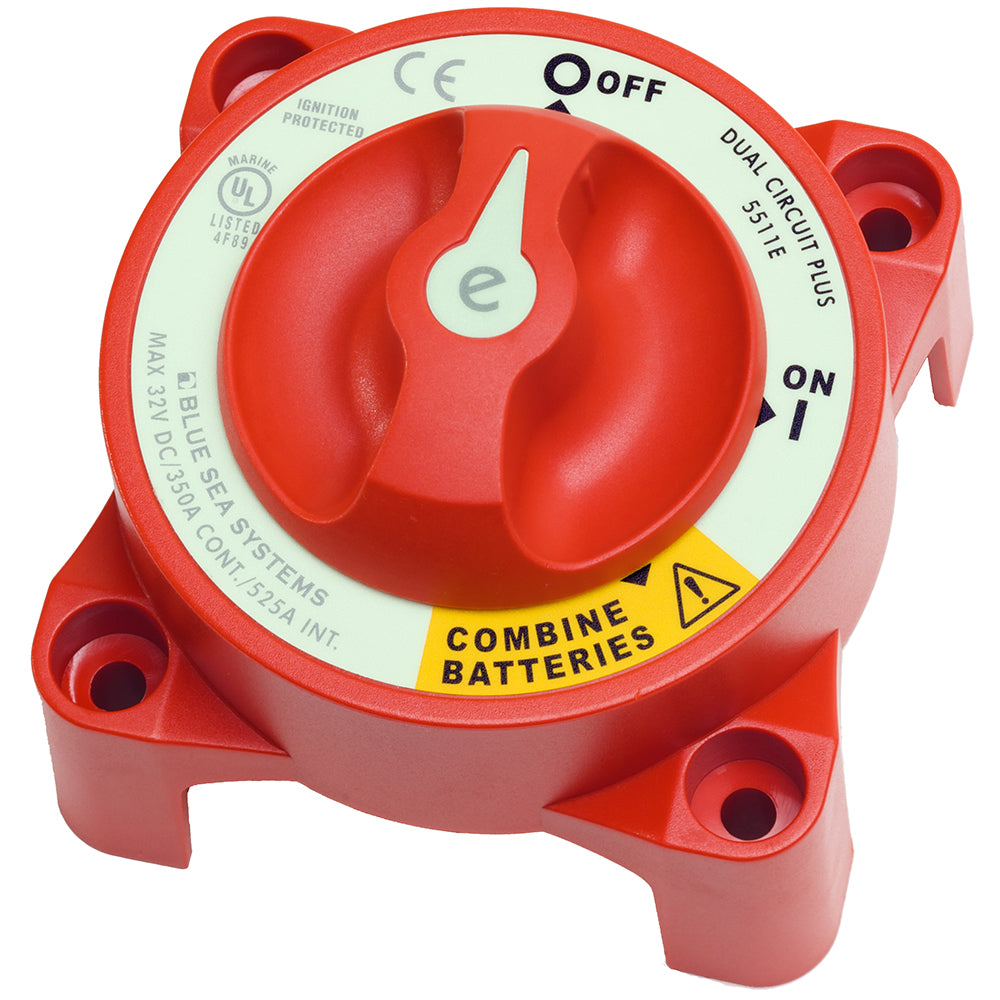 Blue Sea Systems 5511e e-Series dual circuit battery switch for marine or RV battery management, with black and red switch handles.