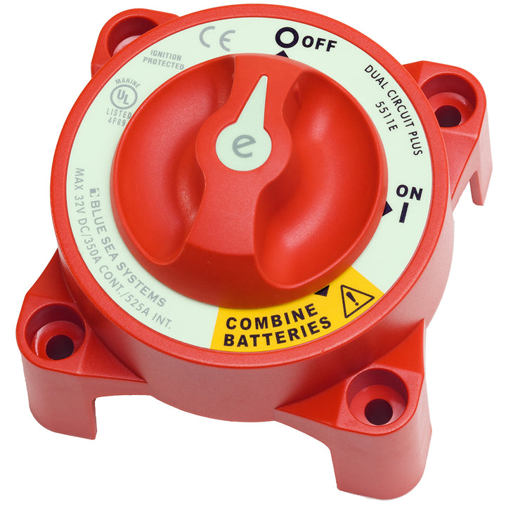 Blue Sea Systems 5511e e-Series dual circuit battery switch for marine or RV battery management, with black and red switch handles.