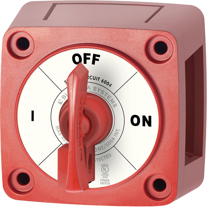 Blue Sea Systems Blue Sea 6004 single circuit battery management switch with red ON-OFF toggle and locking key.